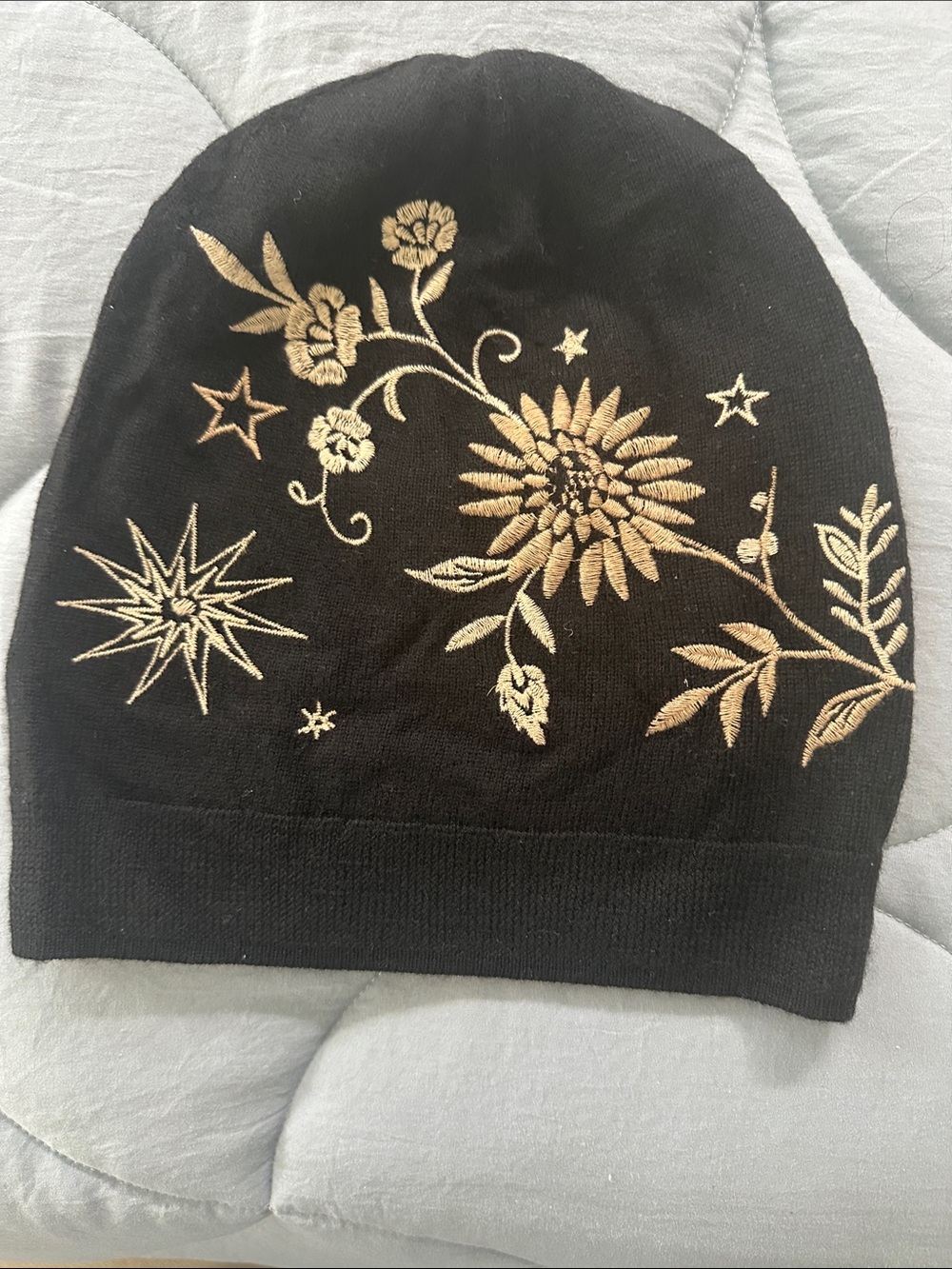Johnny Was Black Beanie with Gold Floral Embroidery - Picture 2 of 2